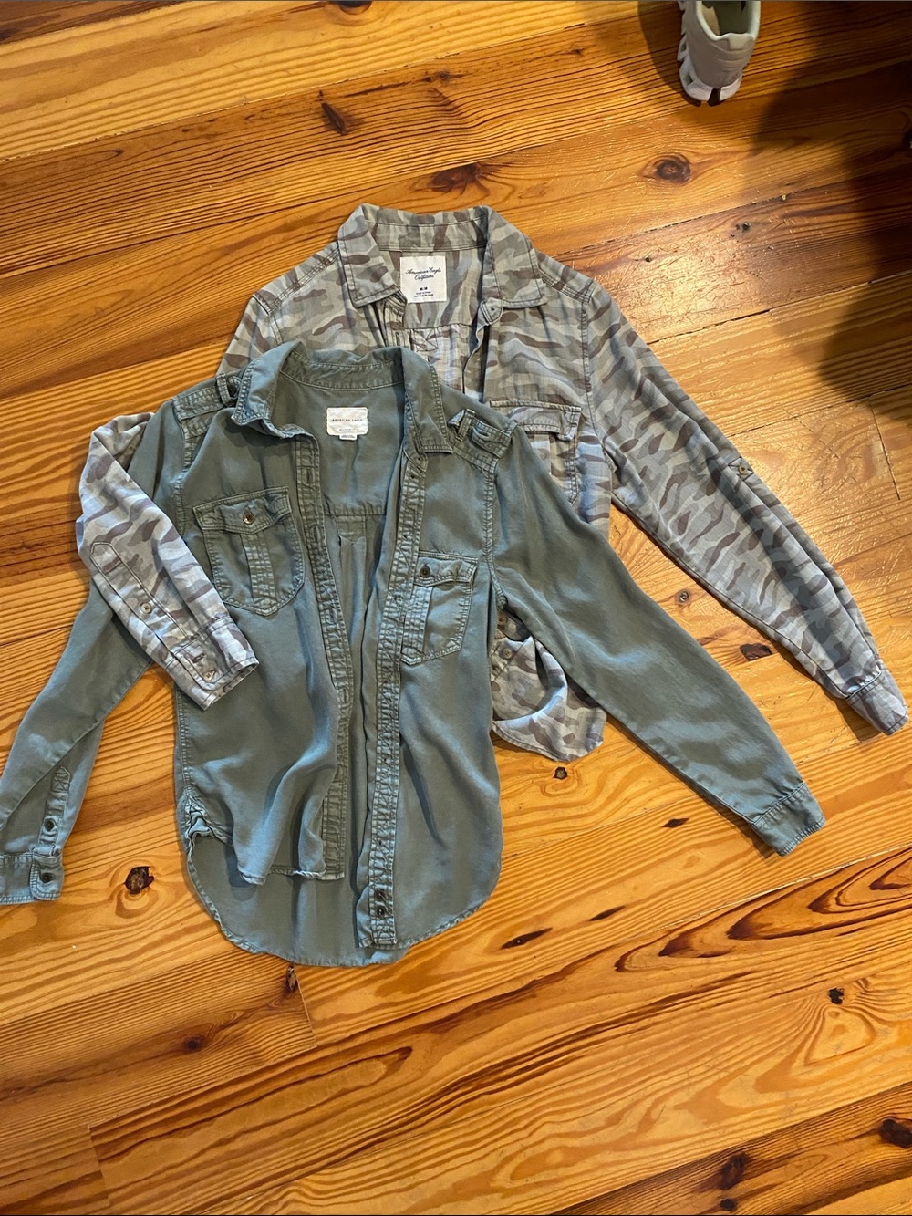 Two American Eagle Outfitters Olive Green Military-Style Shirt